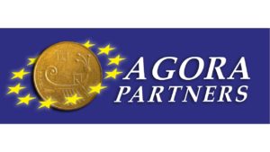 Logo of the company Agora Partners on a blue rectangle.