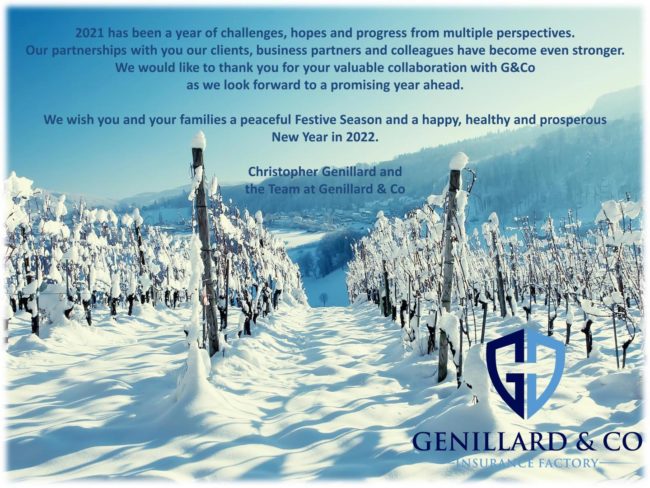 Snowy vineyard in a mountainous landscape. The text in the picture states that the staff wishes everyone a happy holiday. In the right bottom corner, the logo of Genillard & Co. is shown.