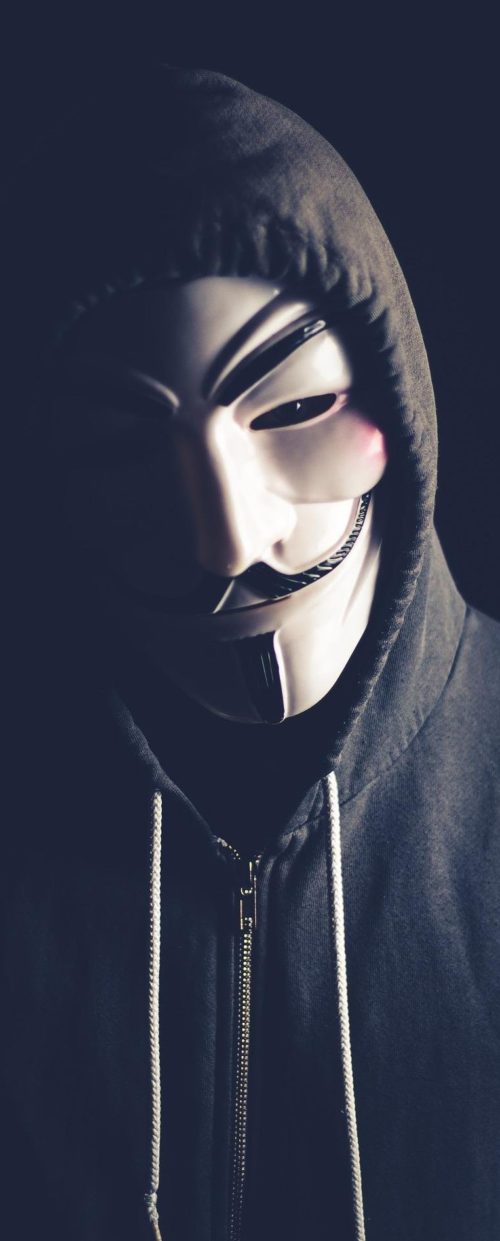 Person wearing a black hoodie and an Anonymos mask.