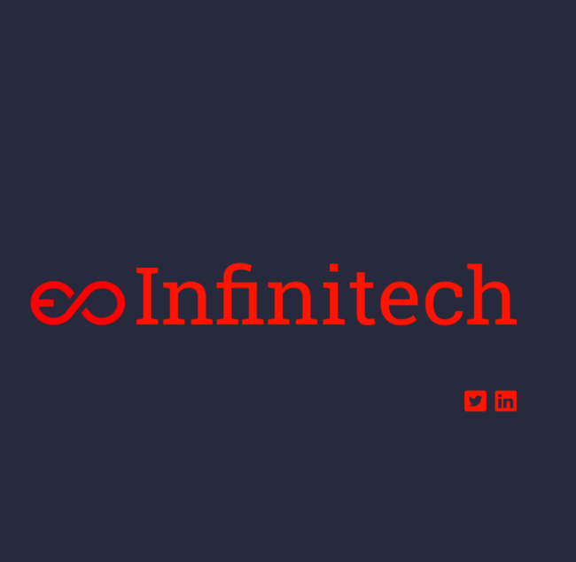 Logo of Infinitech. Red lettering, on the left a graphic with an infinity sign, which partly looks like a power button. The company name on the right. The background is dark blue. In red, there is the LinkedIn icon and the Twitter icon.