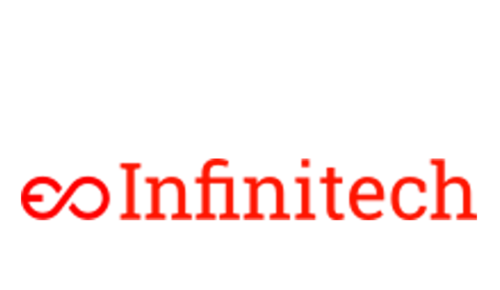 Logo of Infinitech. Red lettering, on the left a graphic with an infinity sign, which partly looks like a power button. The company name on the right.