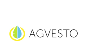 Logo of the company Agvesto, showing the company name on the right. On the left, there ist a leaf in light green and light blue surrounded by a yellow circle.