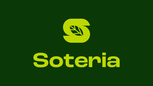 Soteria brand logo in light green on a dark green background.