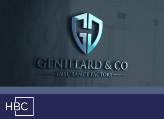 G&Co by HBC Logo von Genillard. Buchstaben "G" und "D" bilden ein Schild. Das "G" ist dunkelblau, das "D" ist hellblau. Weiterhin folgt die Schrift: "Genillard & Co - Insurance Factory". Der Text ist in den Farben dunkelblau und hellblau gehalten. Das Logo ist erhaben und hängt an einer Wand. Unten ist ein dunkelblauer Balken, in welchem in weißen Buchstaben "HBC" steht.